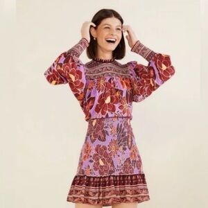NWT $245 FARM RIO Sweet Floral Long Sleeve Minidress, SWEET FLORAL LILAC Size XS